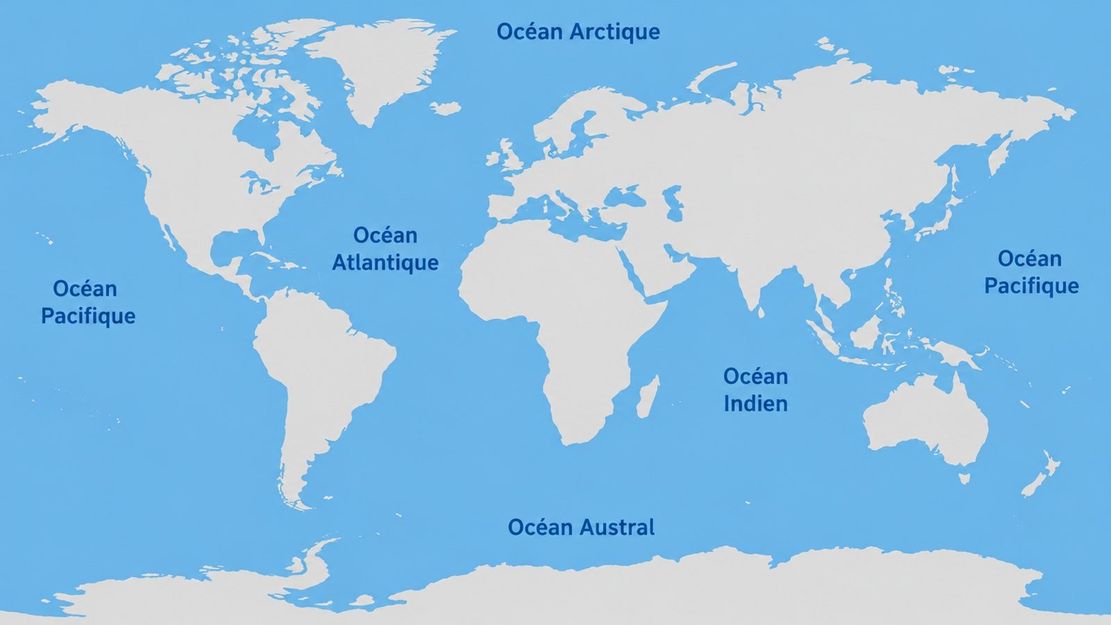 Carte du monde simplifiée montrant les cinq océans et quelques mers