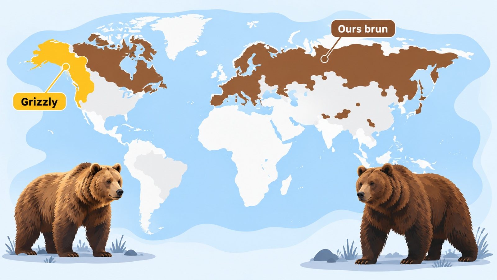 Carte du monde stylisée montrant la répartition de l'ours brun en Europe, en Asie et en Amérique du Nord, avec la zone du grizzly mise en évidence