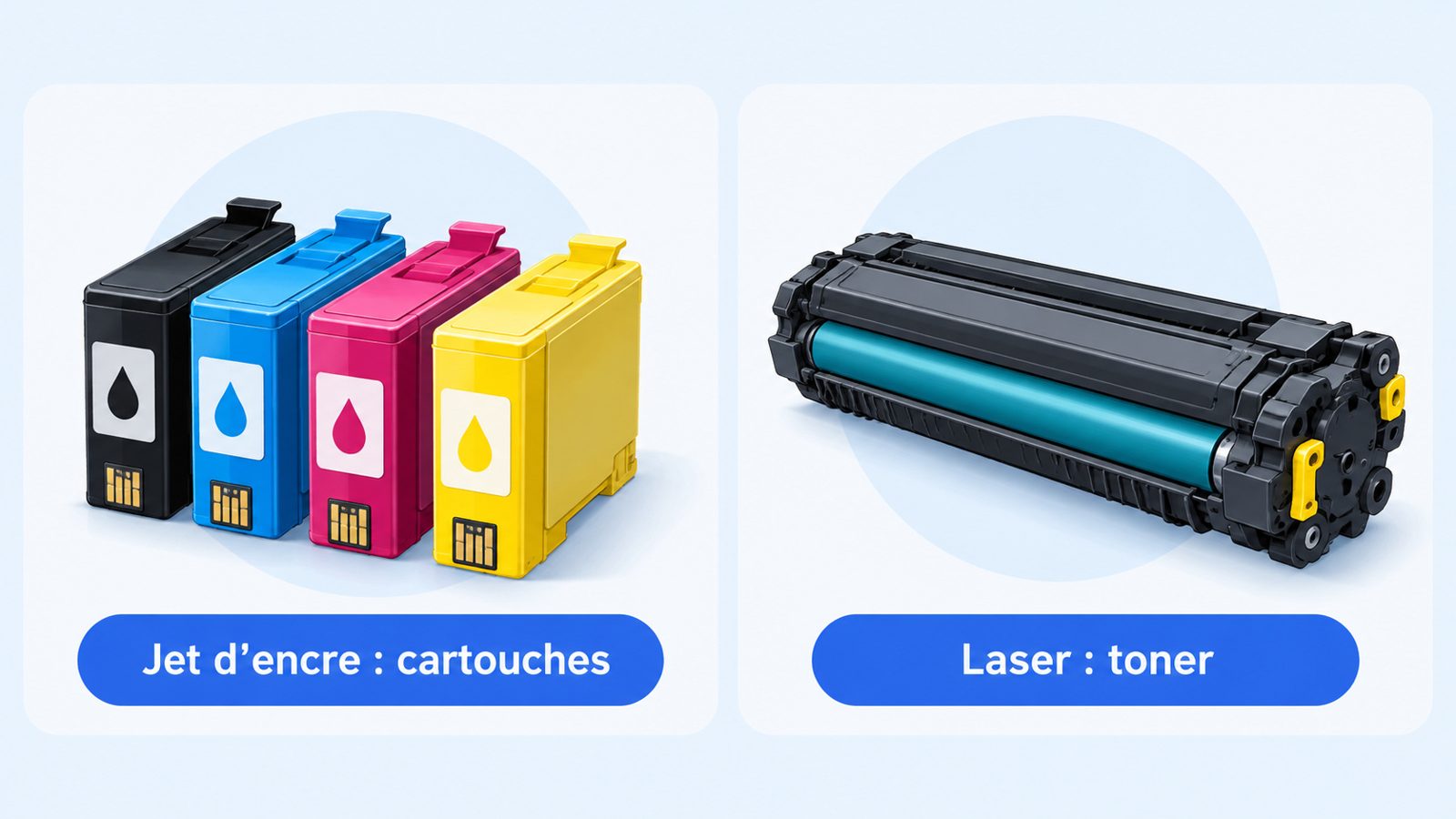 Comparaison de cartouches d'encre liquide pour jet d'encre et d'une cartouche de toner pour imprimante laser