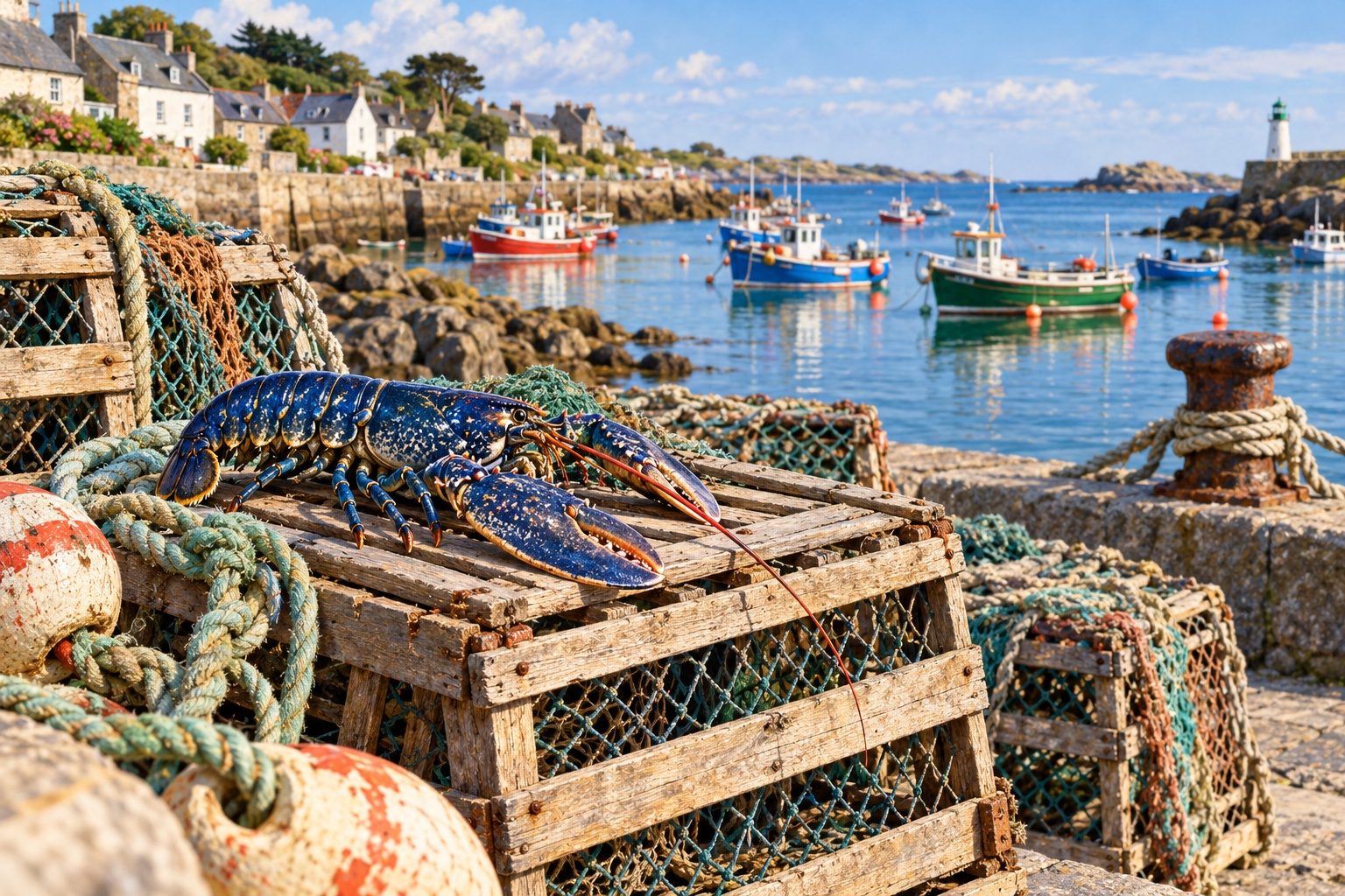 Casier de pêche en bois et filet sur un quai breton avec un homard bleu