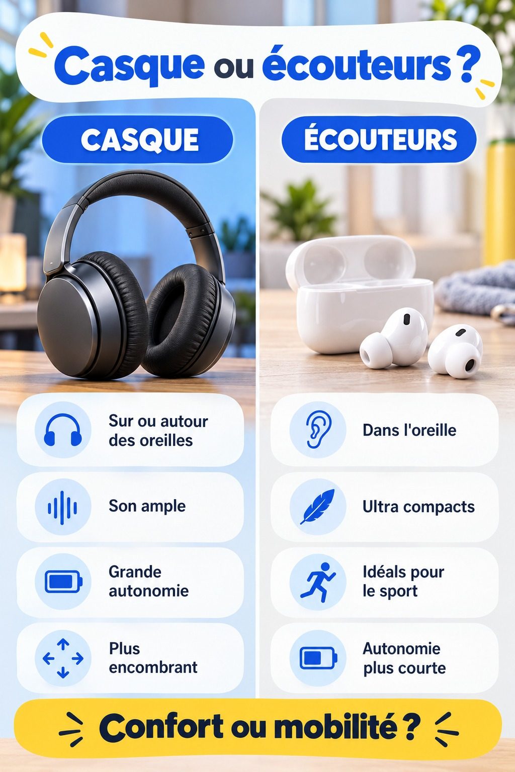 Différence entre casque et écouteurs : infographie comparative