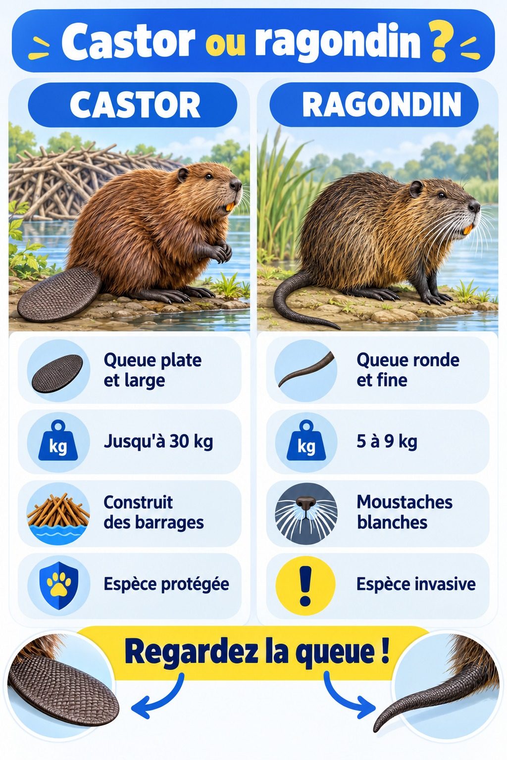 Différence entre castor et ragondin : infographie comparative