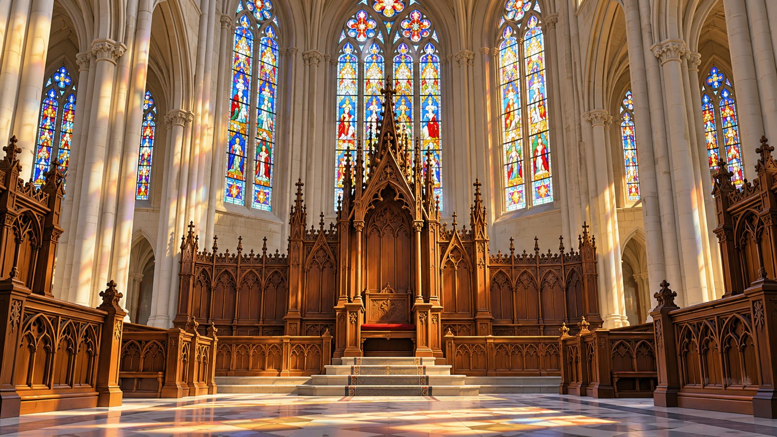Intérieur d'une cathédrale avec le siège de l'évêque placé dans le chœur