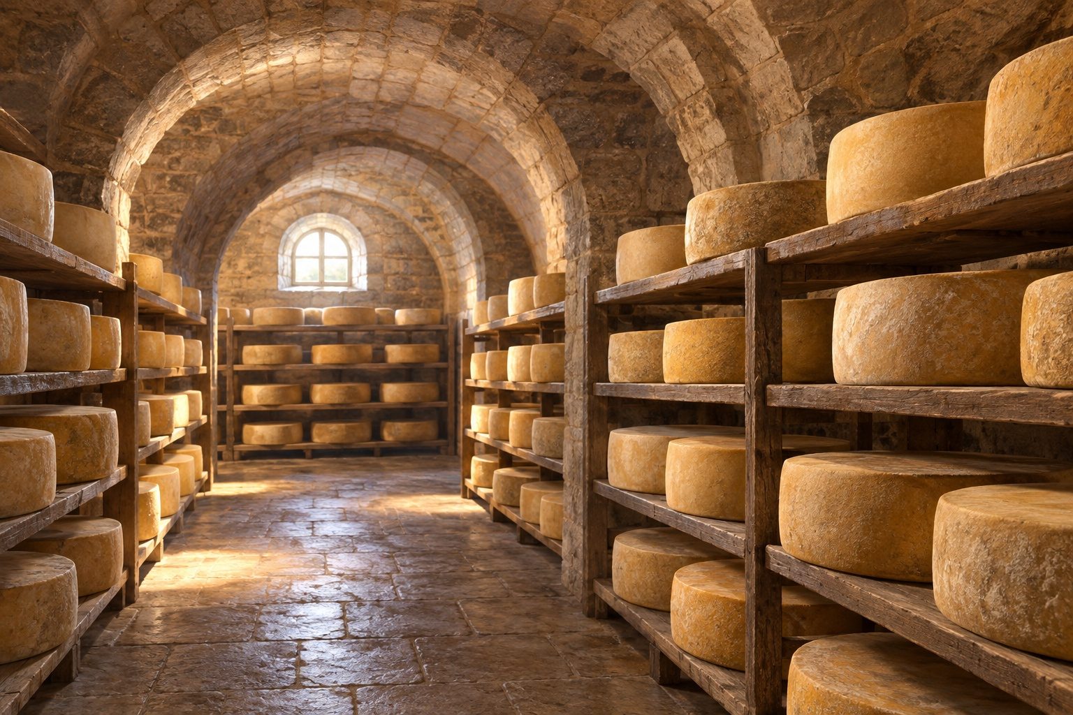 Cave d'affinage avec de grandes meules de fromage sur des étagères en bois