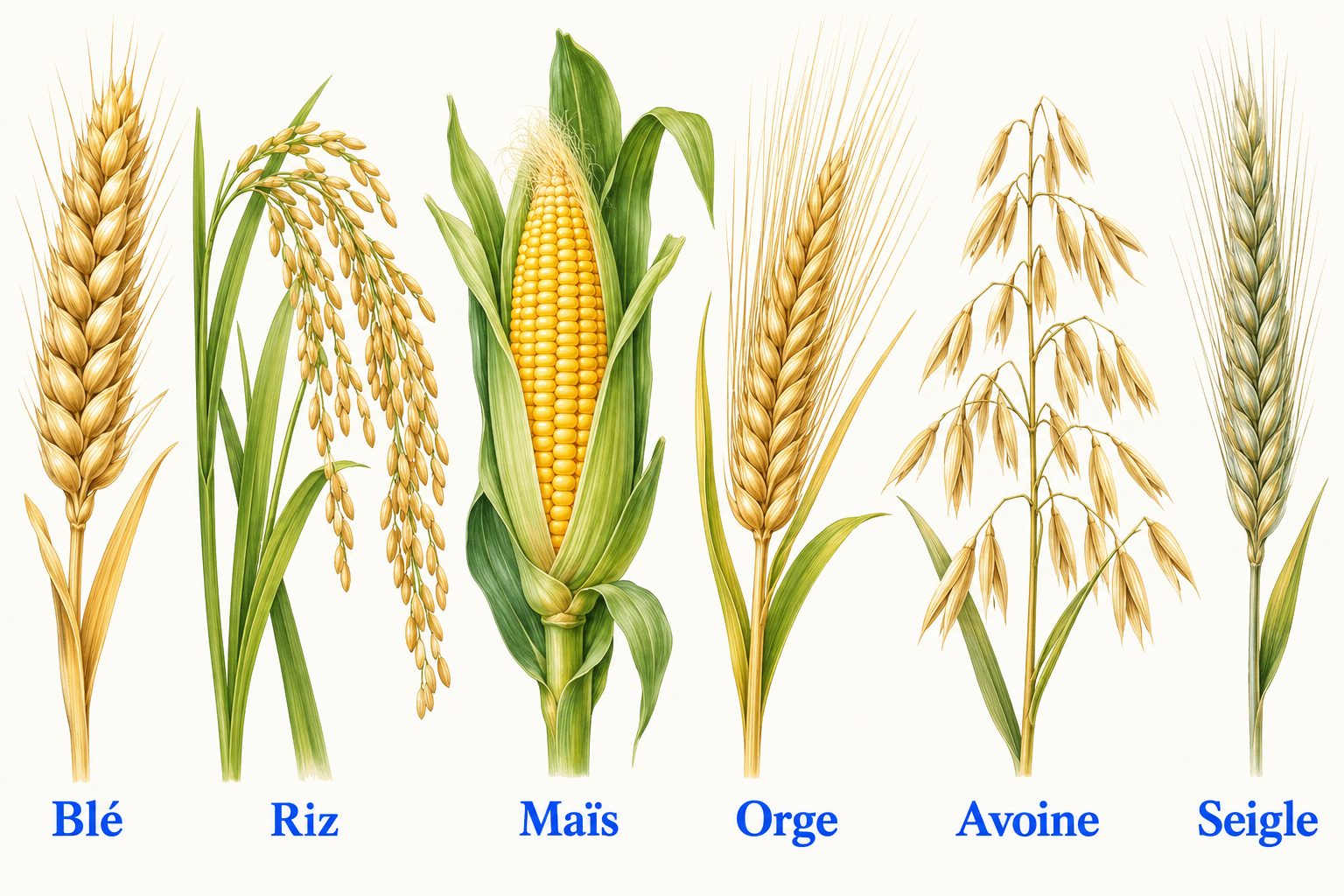 Épis de blé, riz, maïs, orge, avoine et seigle