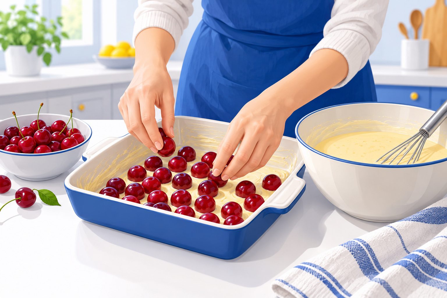 Mains qui disposent des cerises rouges dans un plat, à côté d'un bol de pâte à clafoutis, dans une cuisine lumineuse
