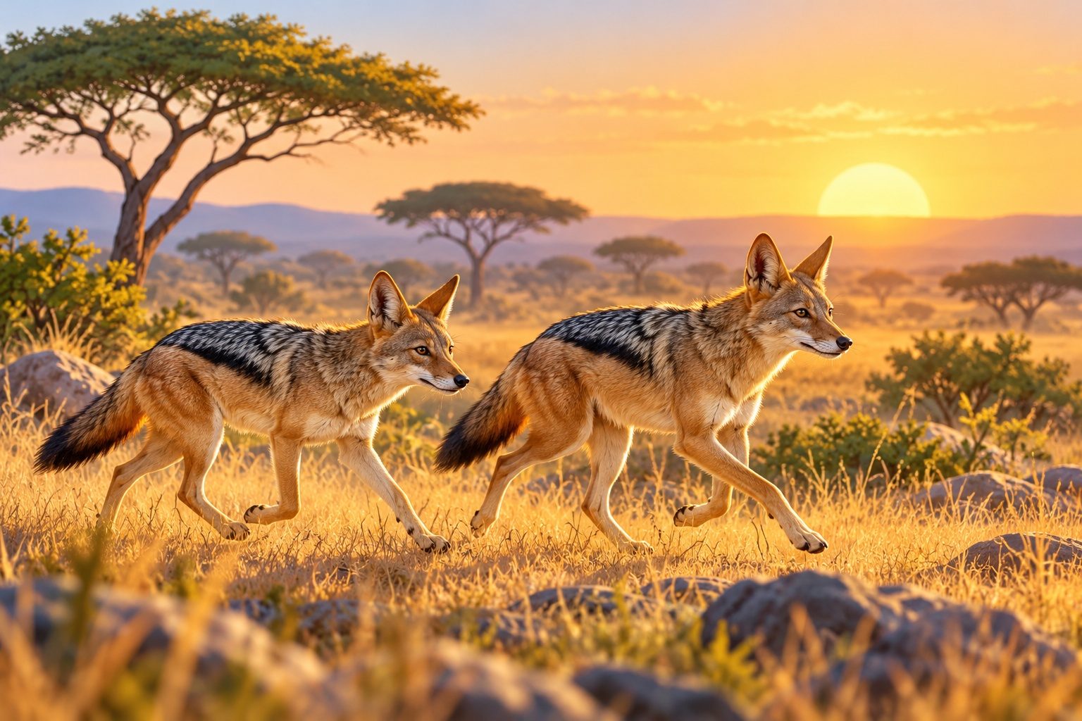 Couple de chacals au pelage doré qui trottent dans la savane africaine au lever du soleil