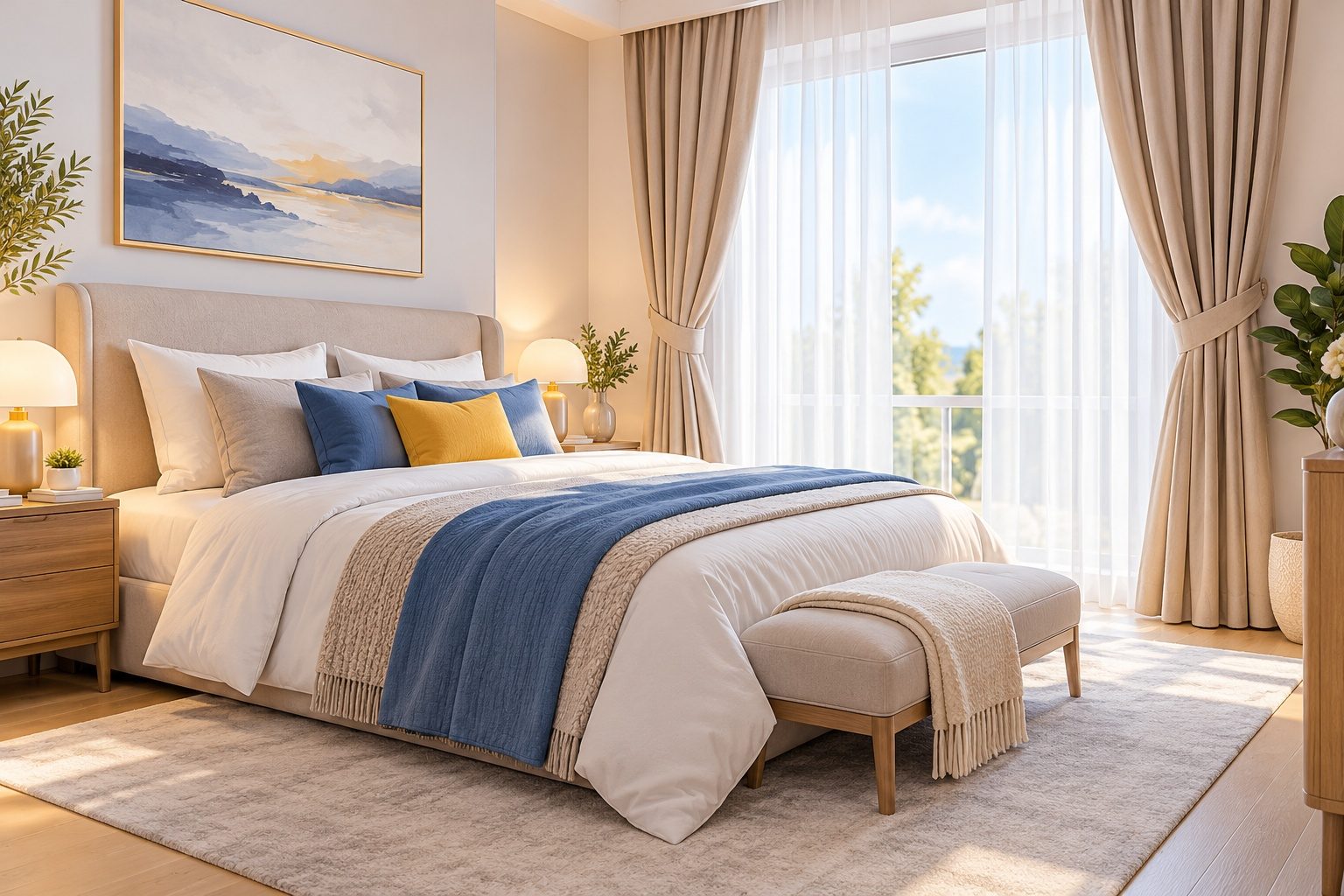 Chambre cosy avec un lit, une fenêtre habillée d'un voilage blanc et de rideaux épais couleur sable attachés sur les côtés