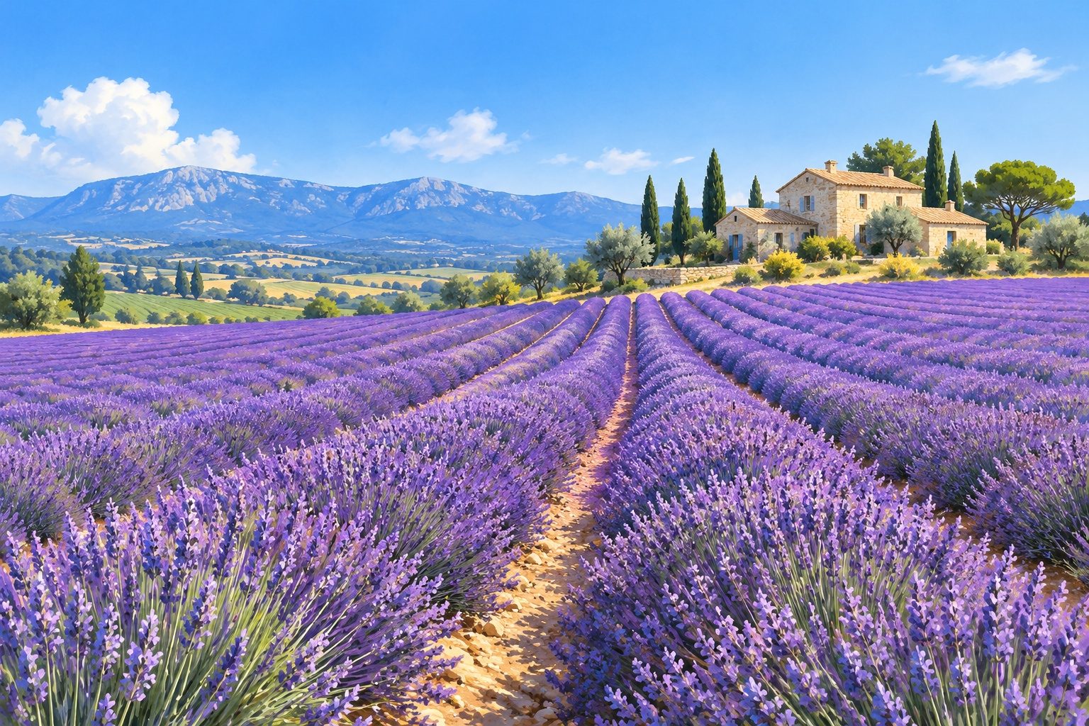 Champ de lavandin violet en rangées régulières sur un plateau de Provence en été