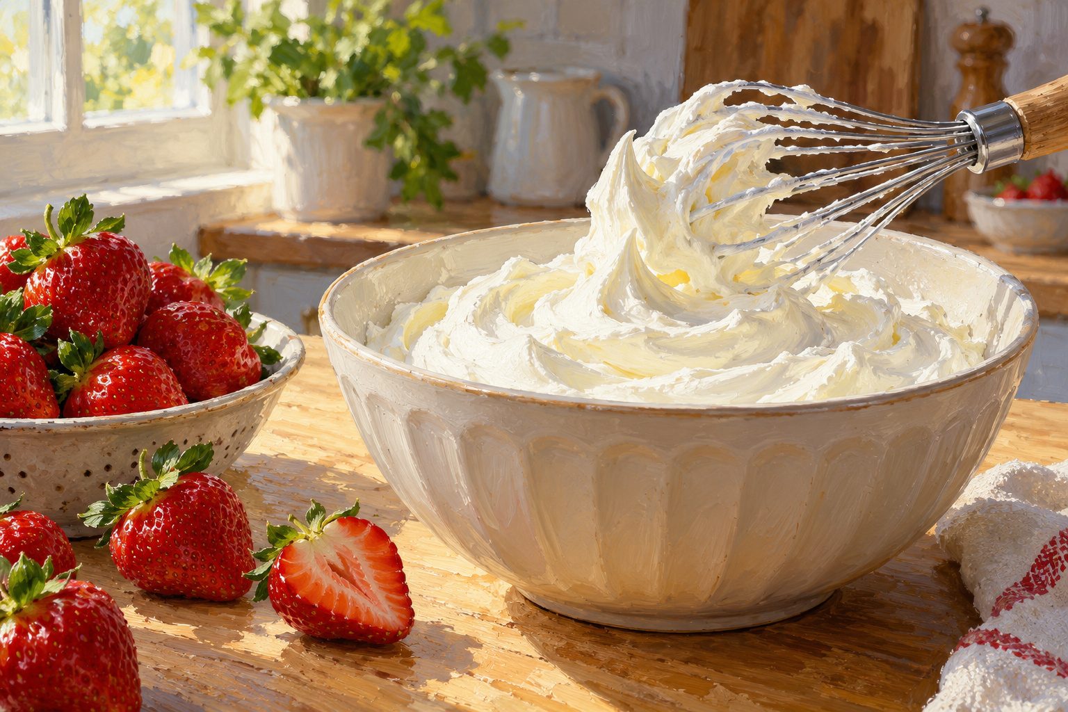Saladier de crème chantilly maison bien ferme avec un fouet, et des fraises fraîches à côté