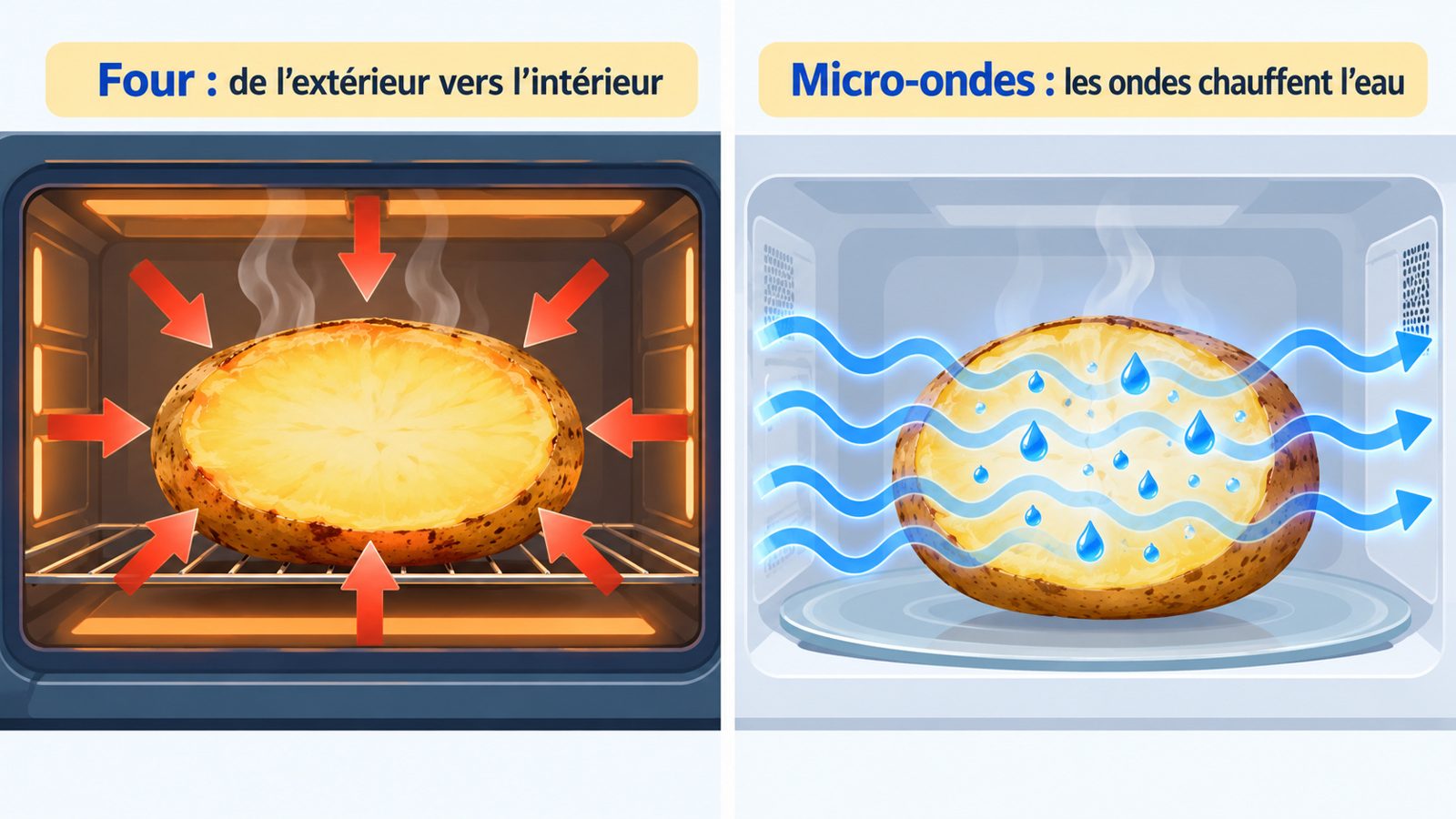 Schéma comparant la chaleur du four qui entoure l'aliment et les ondes du micro-ondes qui le traversent