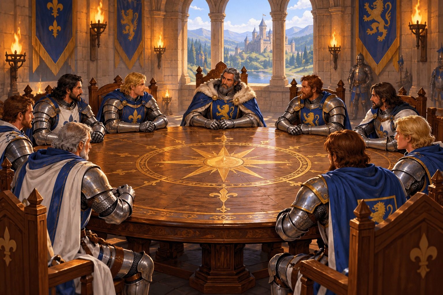 Chevaliers en armure réunis autour d'une grande table ronde dans un château médiéval