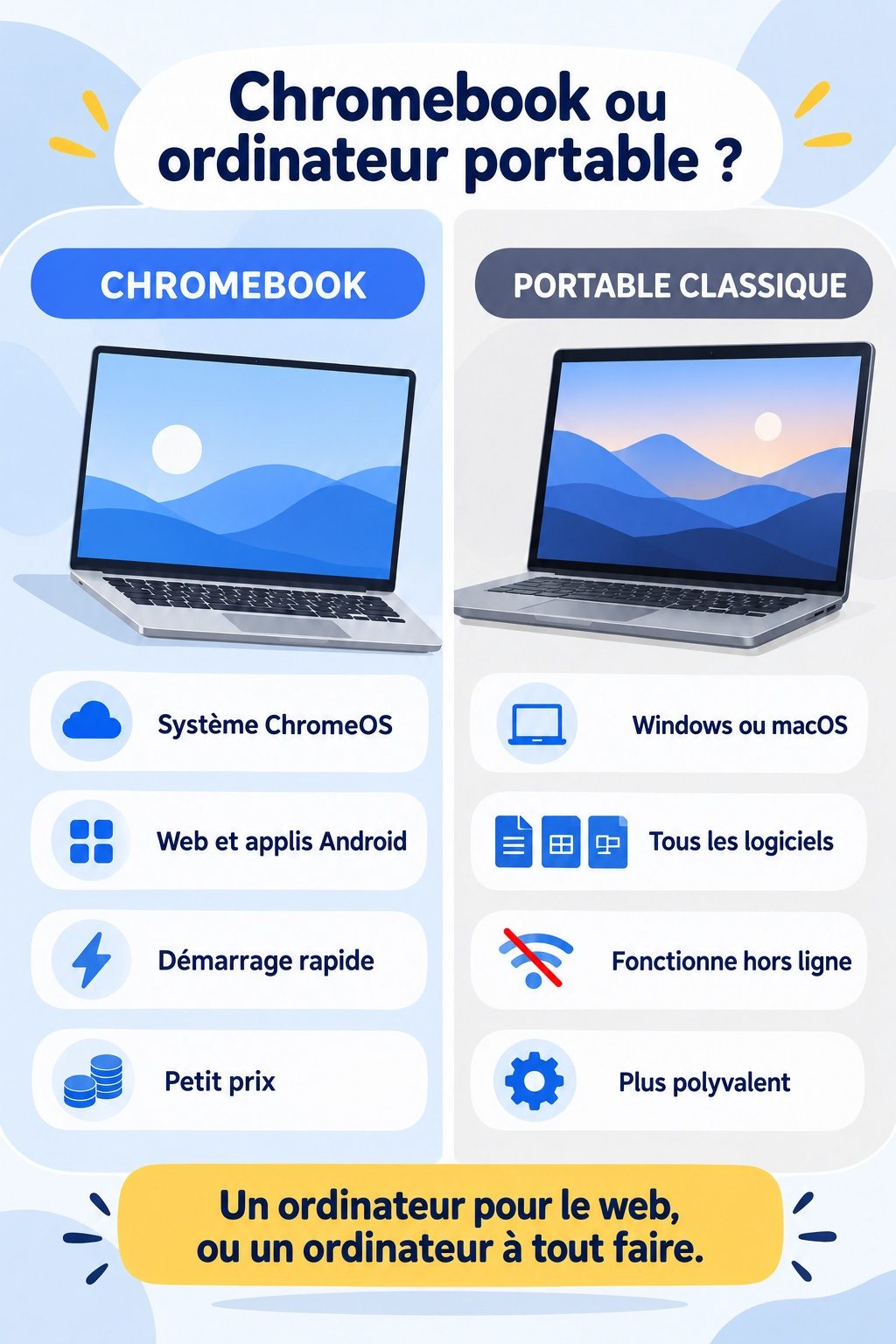 Différence entre Chromebook et ordinateur portable : infographie comparative