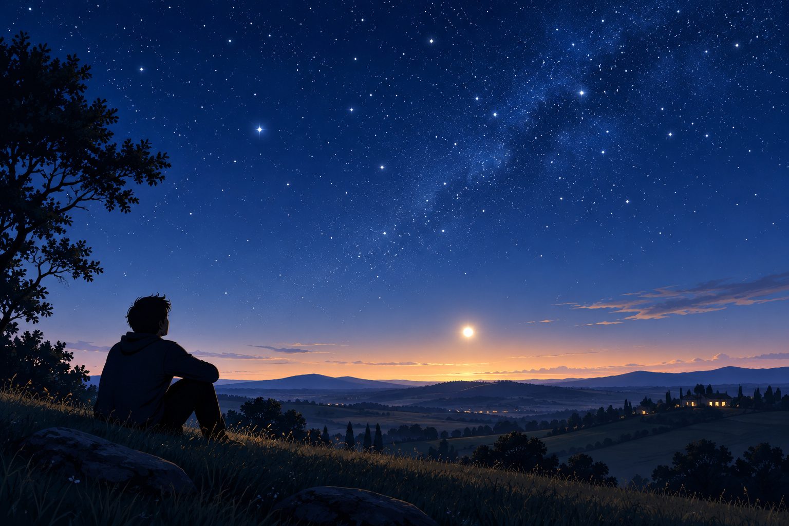 Ciel du soir avec des étoiles et la planète Vénus brillante près de l'horizon