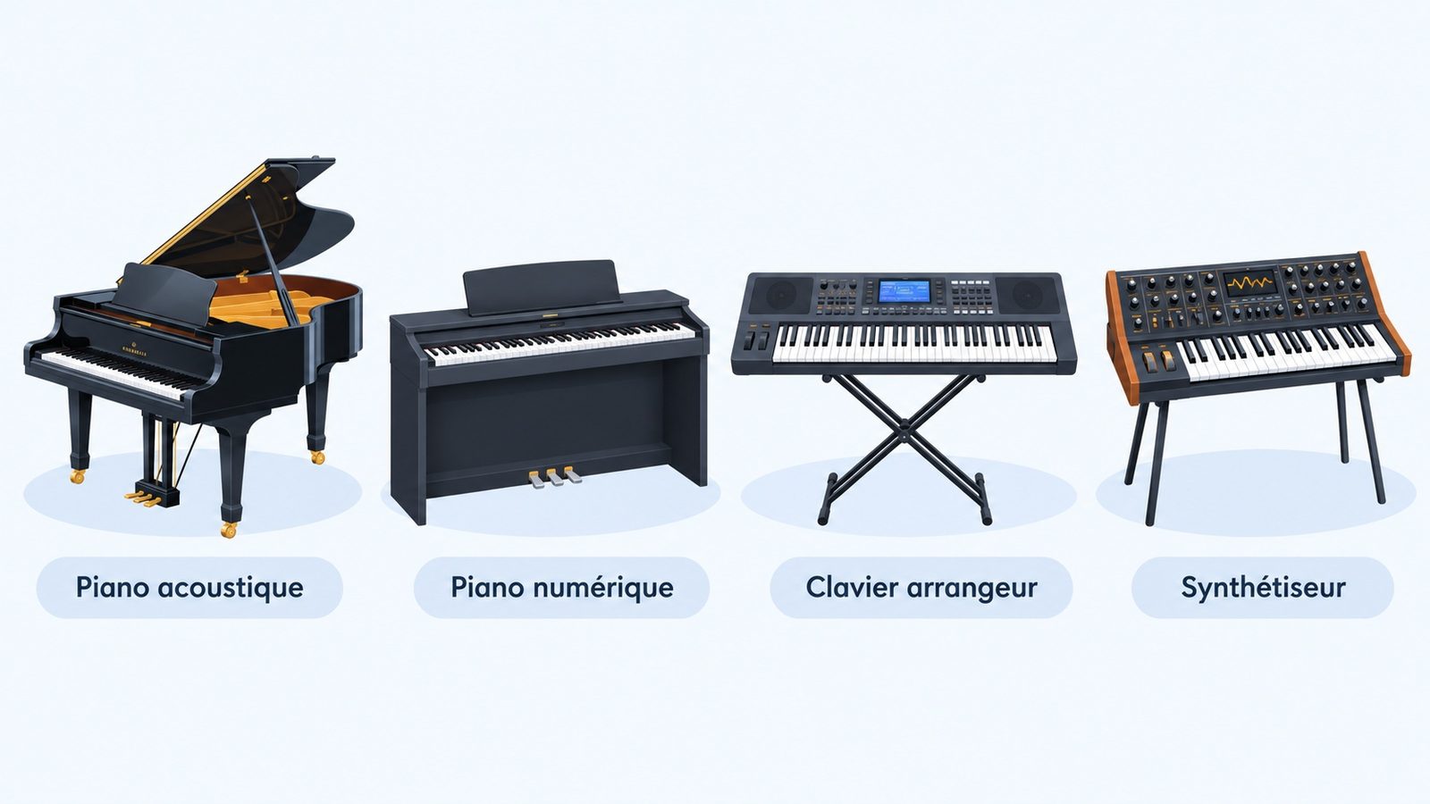 Piano acoustique, piano numérique, clavier arrangeur et synthétiseur
