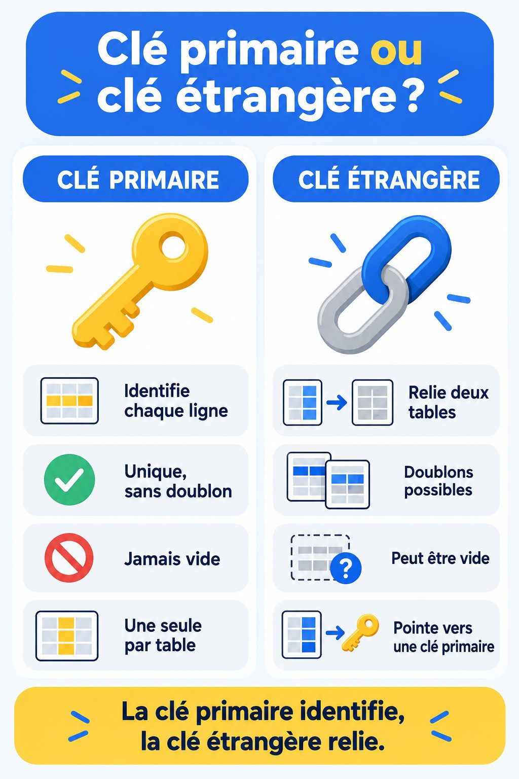 Différence entre clé primaire et clé étrangère : infographie comparative
