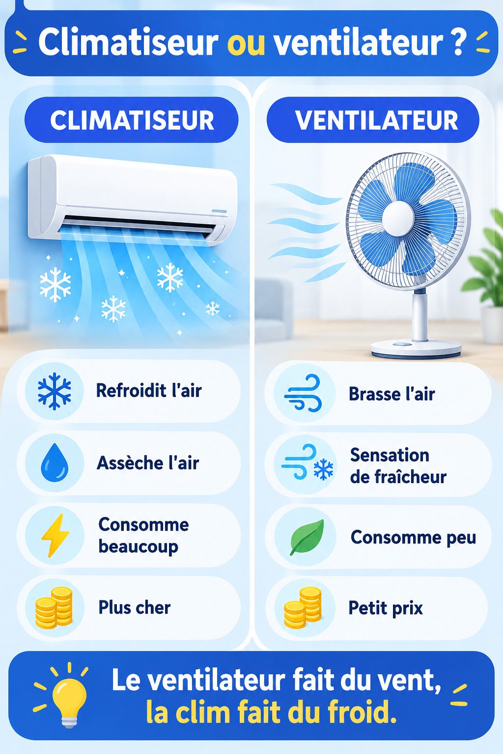 Différence entre climatiseur et ventilateur : infographie comparative