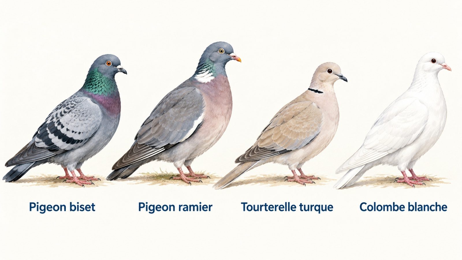 Pigeon biset, pigeon ramier, tourterelle turque et colombe blanche