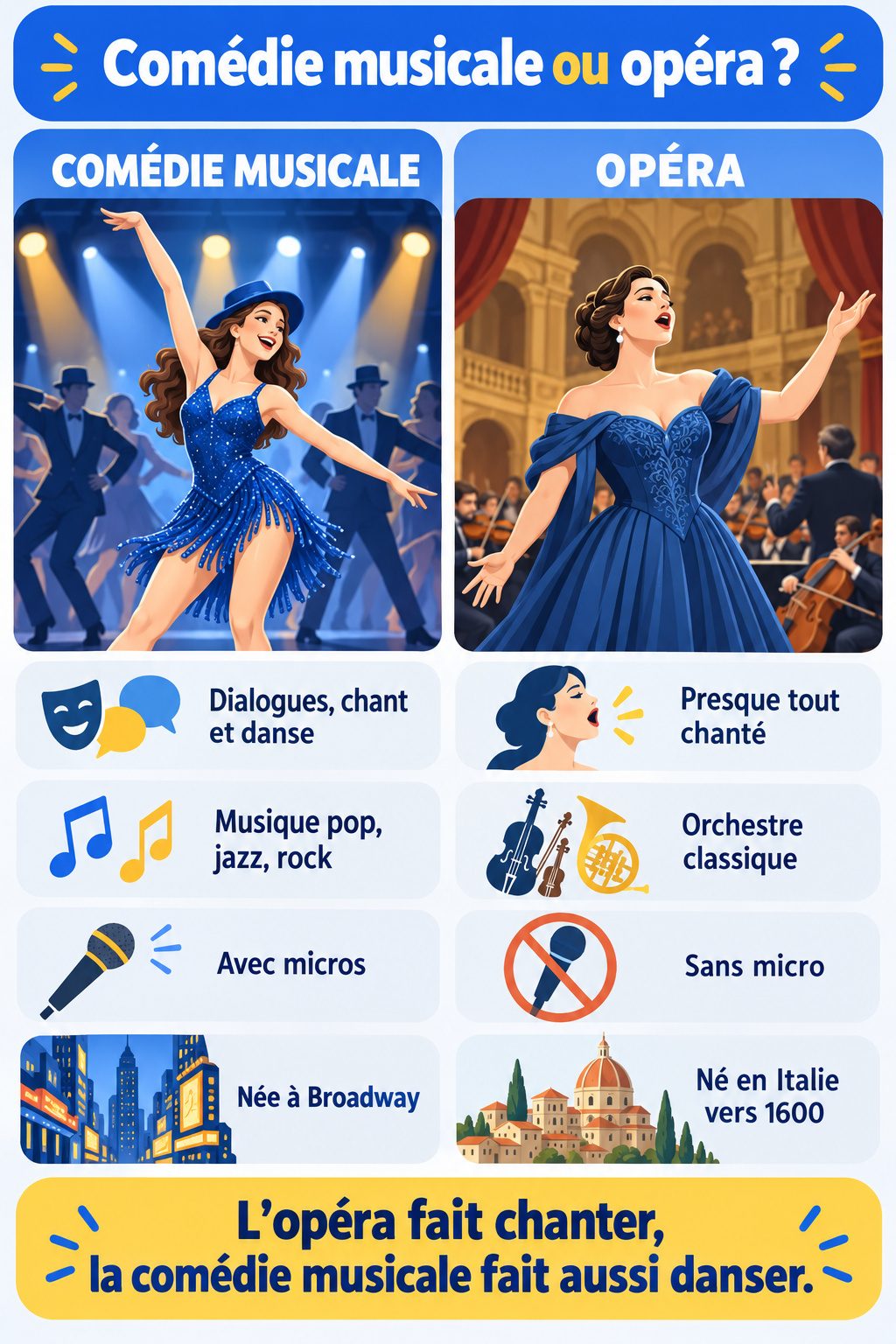 Différence entre comédie musicale et opéra : infographie comparative