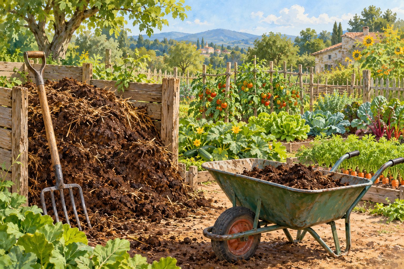 Fumier décomposé au potager avec une brouette et une fourche