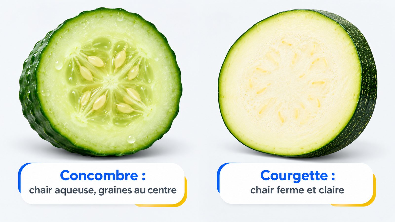 Tranches de concombre et de courgette coupées pour comparer leur chair