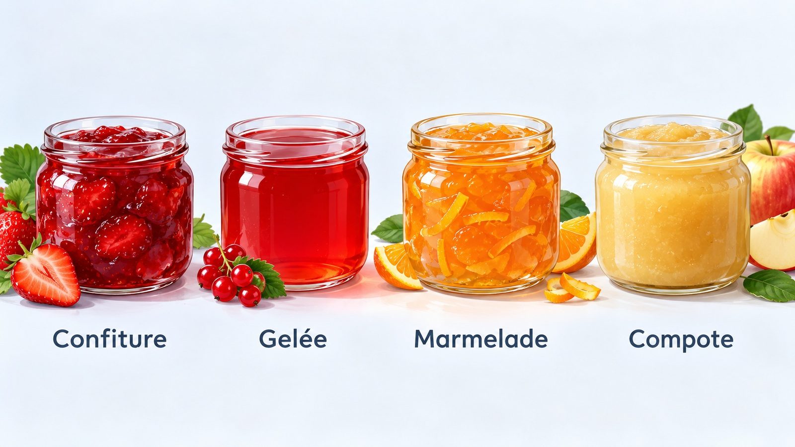 Confiture, gelée, marmelade et compote dans des pots en verre
