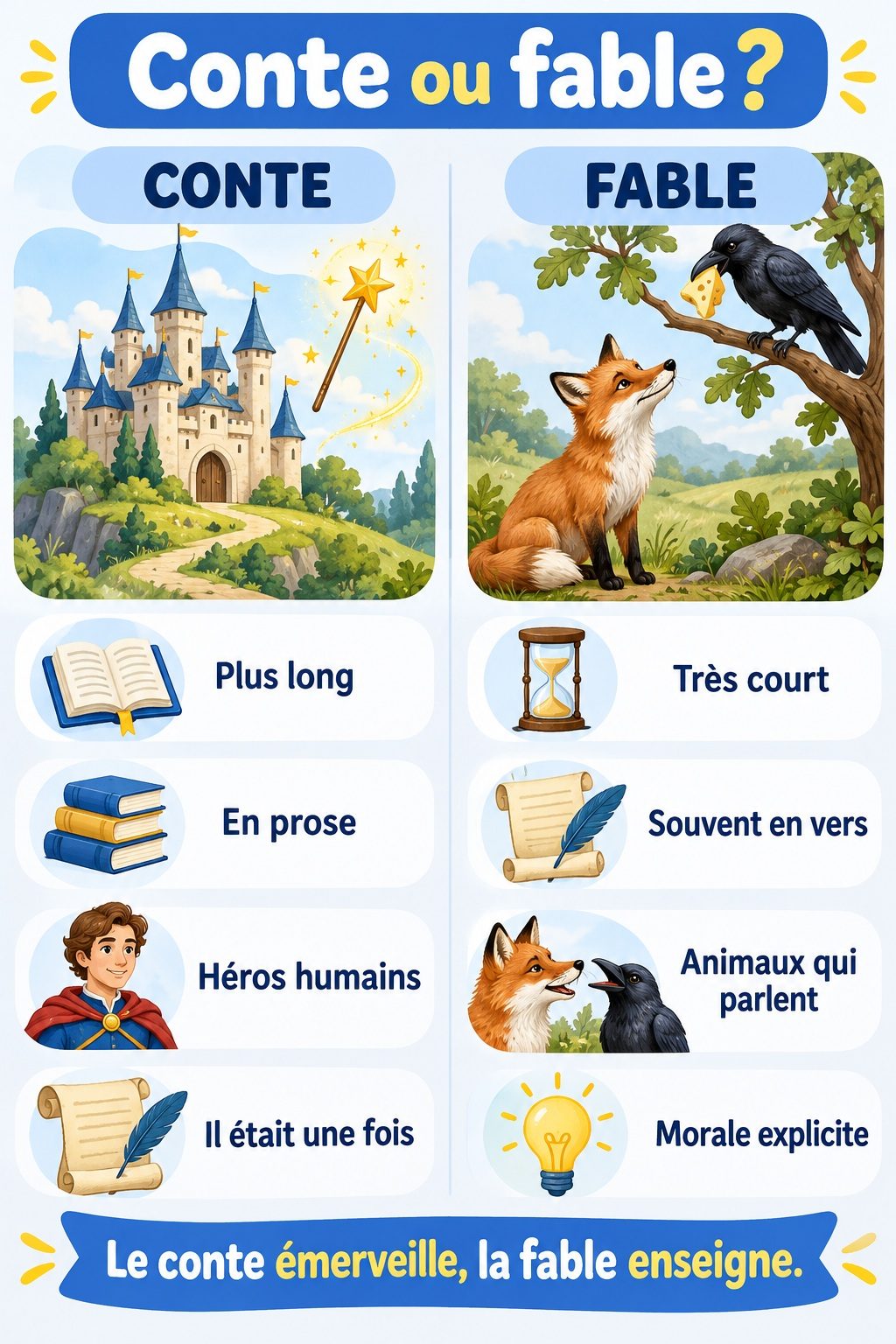 Différence entre conte et fable : infographie comparative