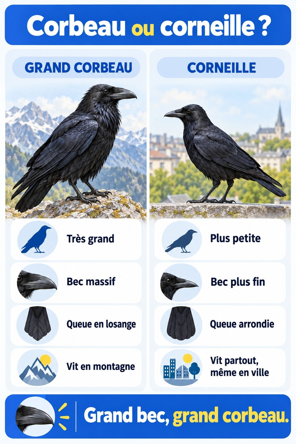 Différence entre corbeau et corneille : infographie comparative