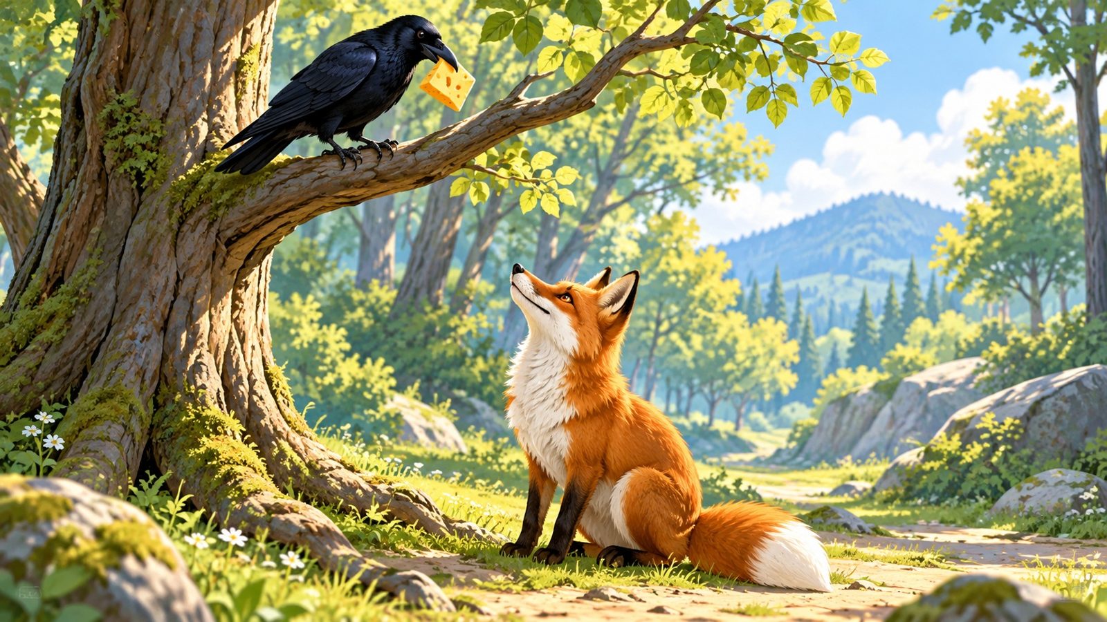 Corbeau perché sur une branche tenant un fromage dans son bec et renard assis au pied de l'arbre qui le flatte