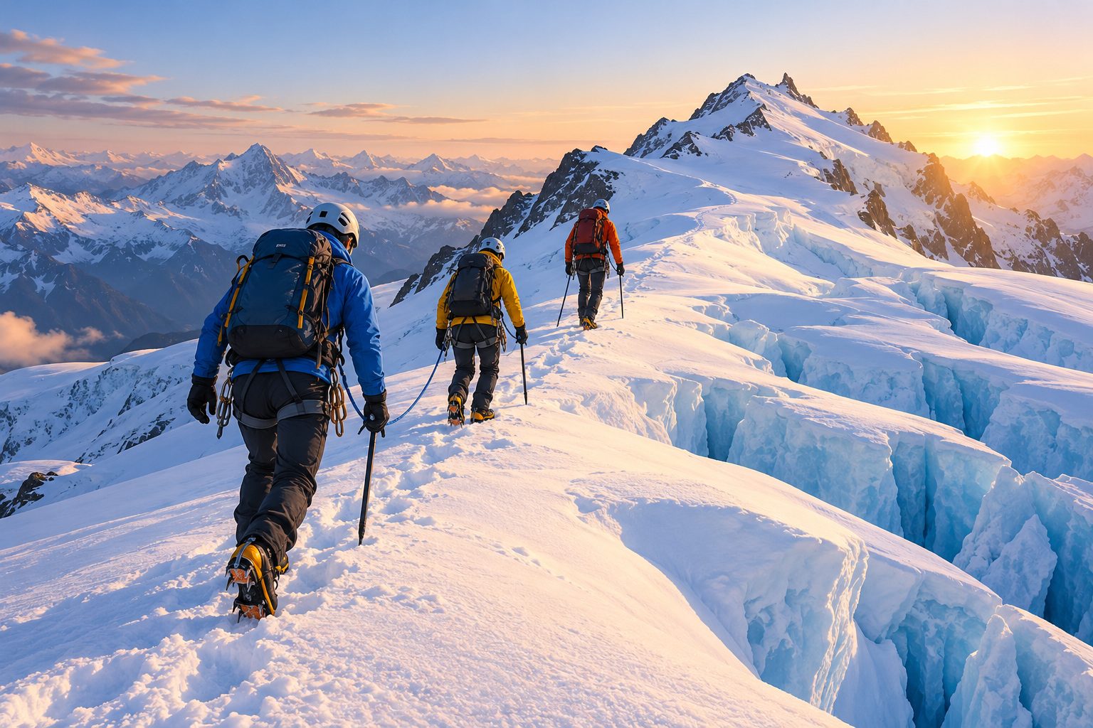 Cordée de trois alpinistes en crampons progressant sur un glacier enneigé vers un sommet au lever du soleil