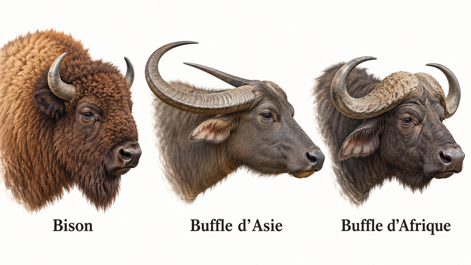 Comparaison des têtes et des cornes du bison et du buffle de profil