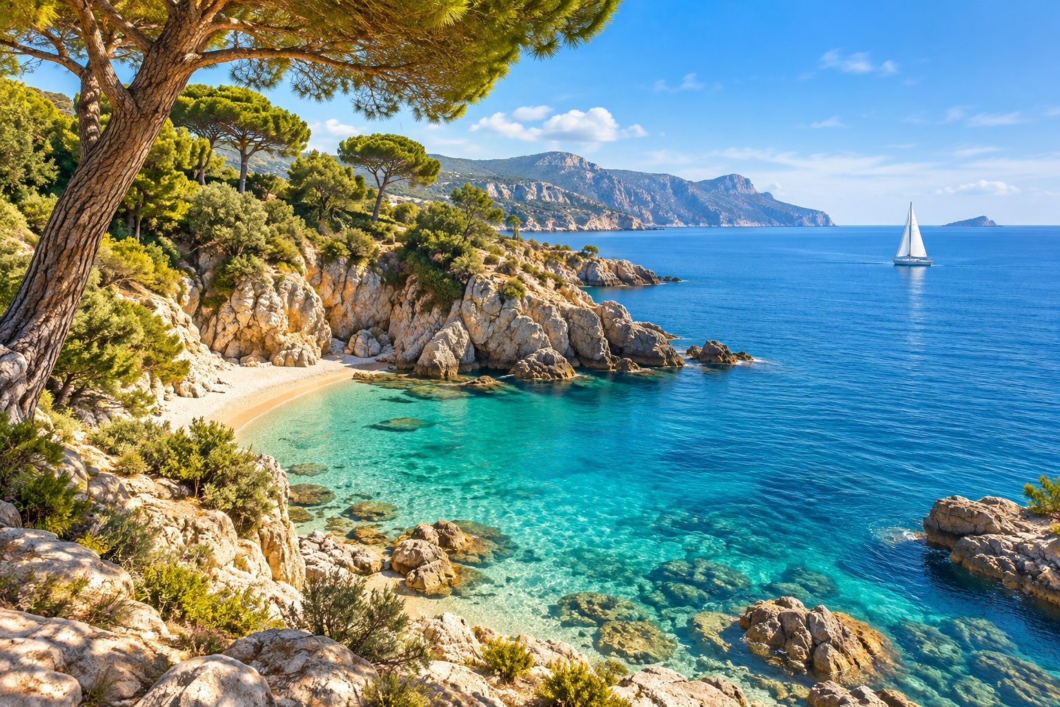 Côte rocheuse de la Méditerranée avec une eau turquoise et des pins