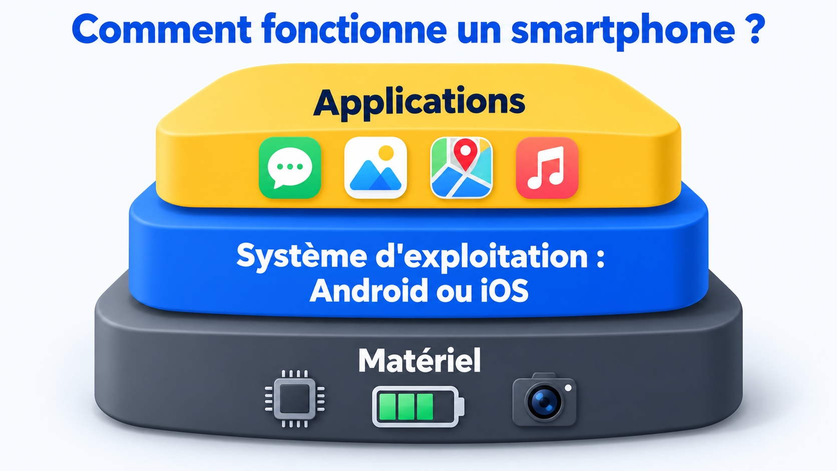 Schéma des 3 couches d'un smartphone : matériel, système d'exploitation Android ou iOS, applications
