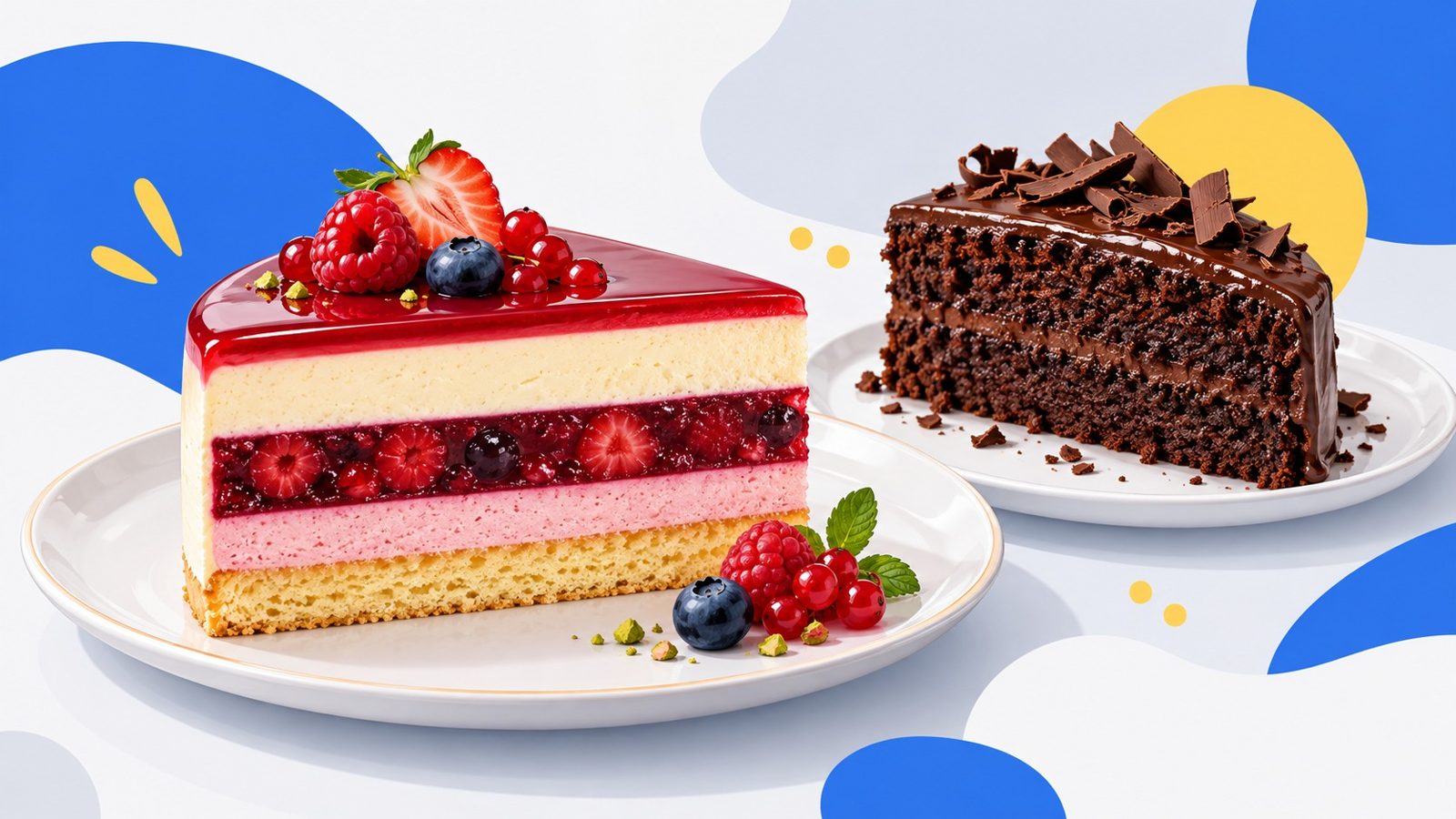 Part d'entremets aux fruits rouges montrant ses couches nettes et son glaçage brillant, à côté d'une part de gâteau au chocolat