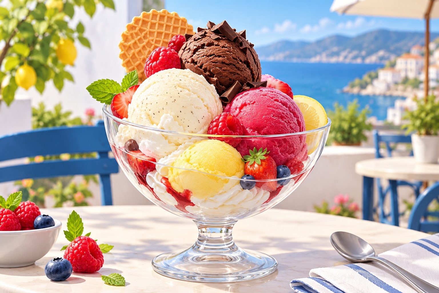 Coupe en verre avec des boules de glace vanille et chocolat et des boules de sorbet framboise et citron
