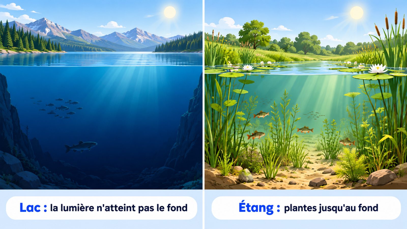 Schéma en coupe comparant un lac profond aux eaux froides en profondeur et un étang peu profond plein de plantes