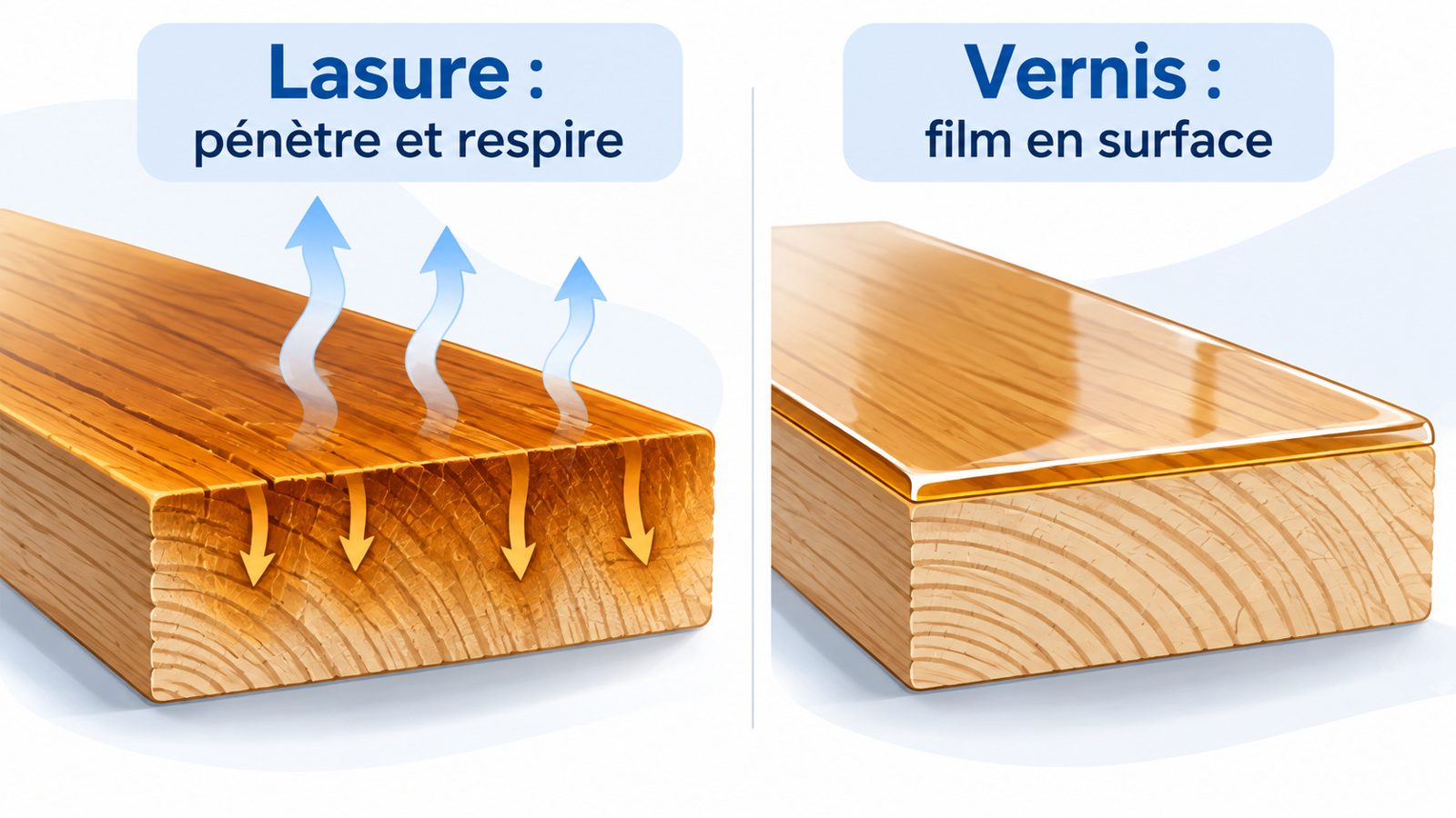 Schéma en coupe : la lasure pénètre dans les fibres du bois, le vernis forme un film en surface