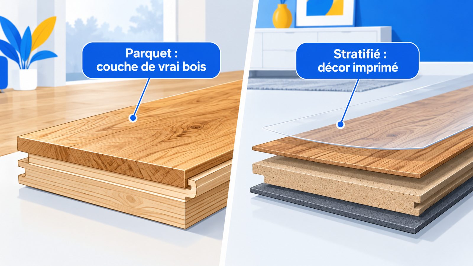 Schéma en coupe d'une lame de parquet contrecollé et d'une lame de stratifié avec leurs couches