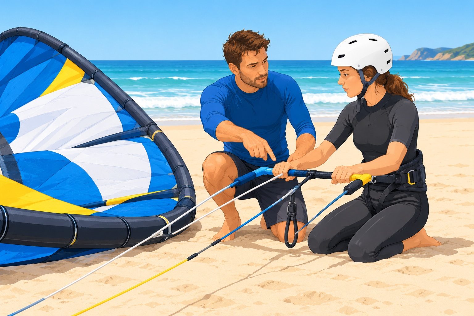 Moniteur qui explique à un élève casqué comment tenir la barre d'une aile de kitesurf posée sur une plage de sable, avec la mer en arrière-plan