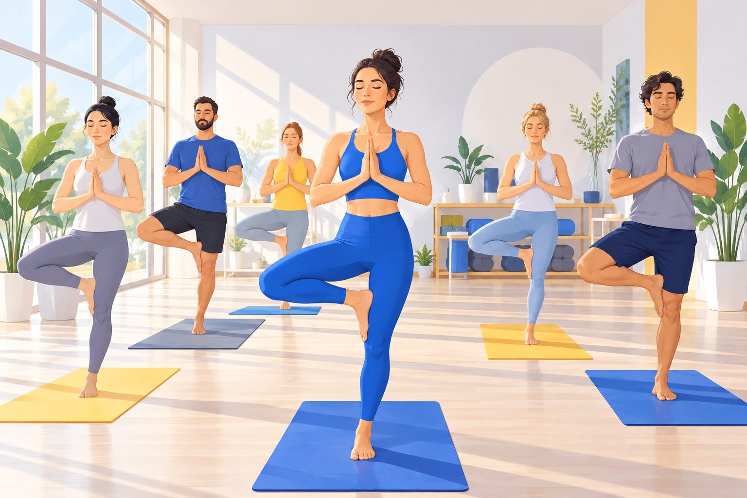 Groupe de personnes dans un cours de yoga en posture de l'arbre