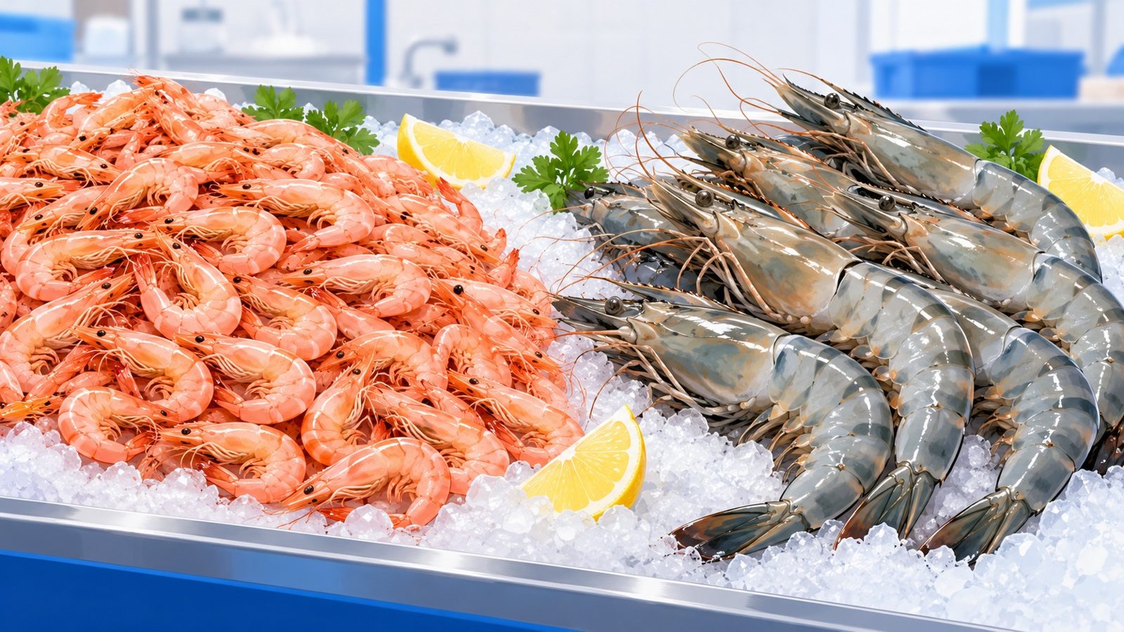 Étal de poissonnerie avec des petites crevettes roses cuites d'un côté et de grosses gambas crues grisâtres sur la glace de l'autre