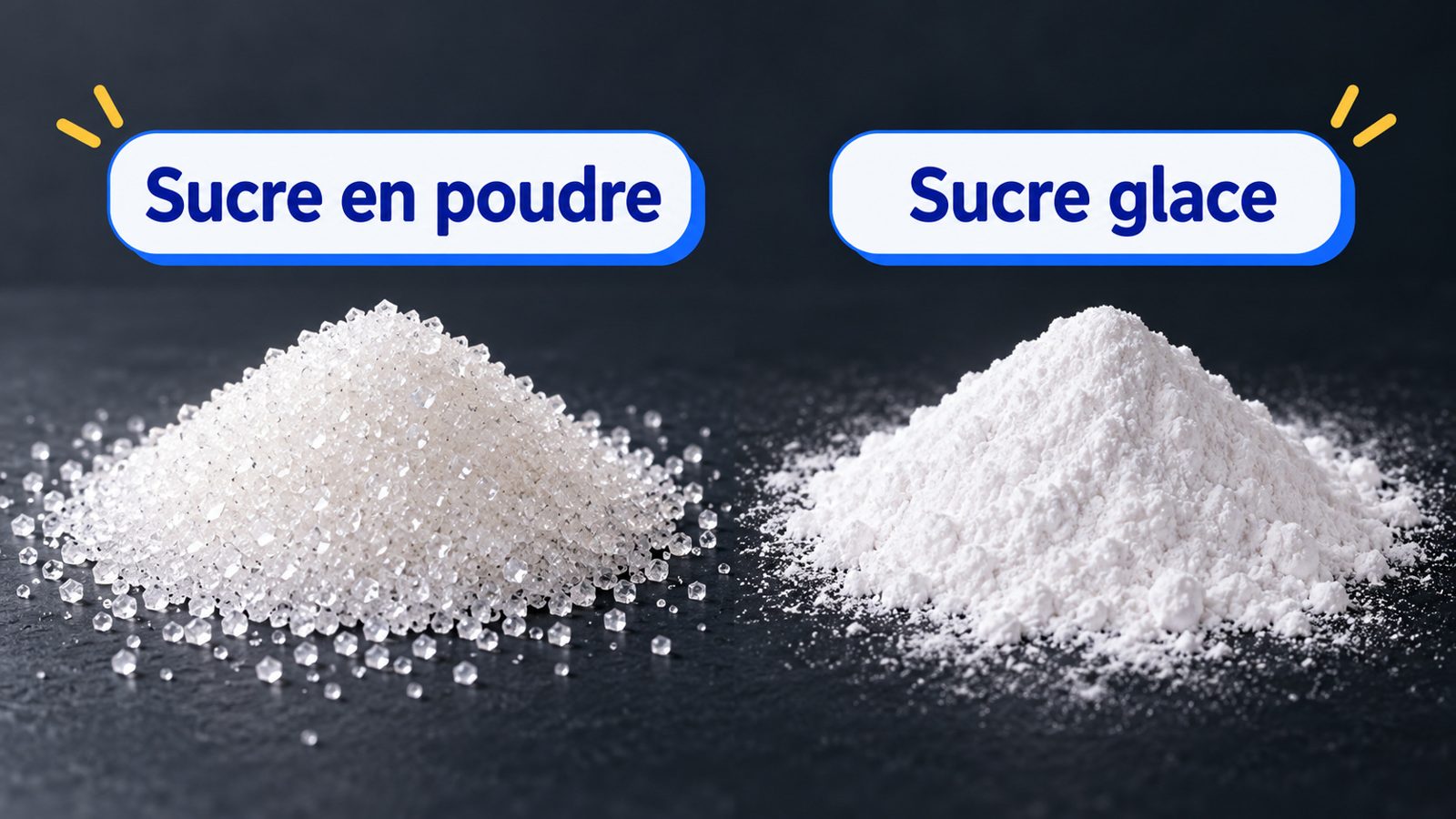 Comparaison en gros plan d'un petit tas de sucre en poudre aux cristaux visibles et d'un tas de sucre glace très fin et mat
