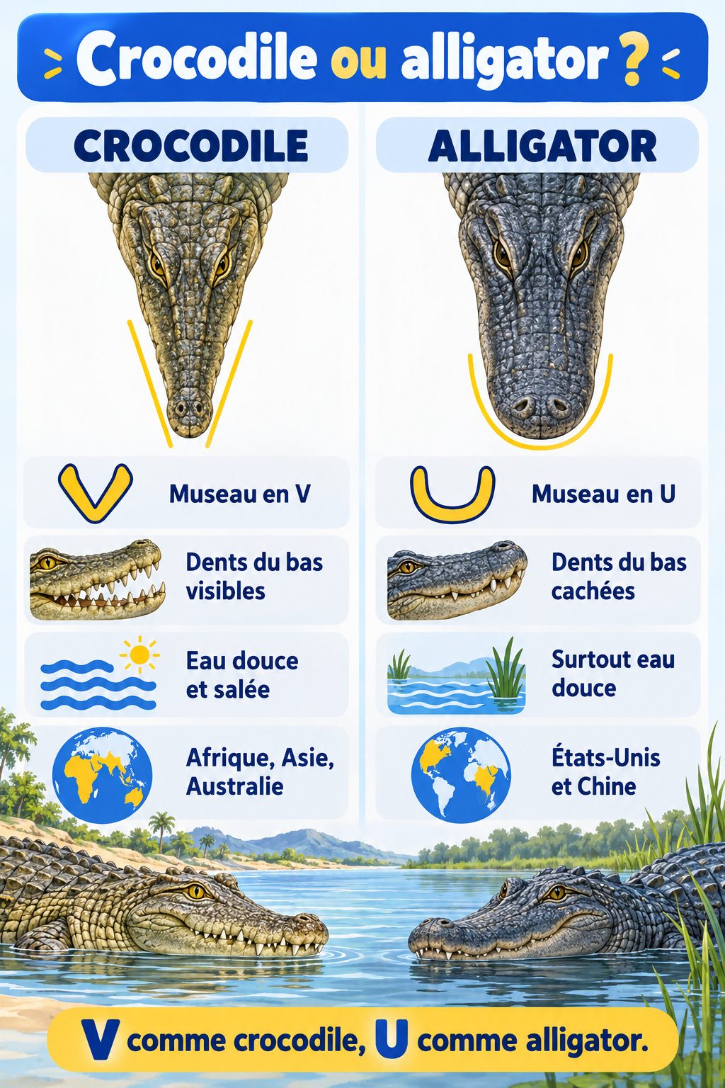 Différence entre crocodile et alligator : infographie comparative