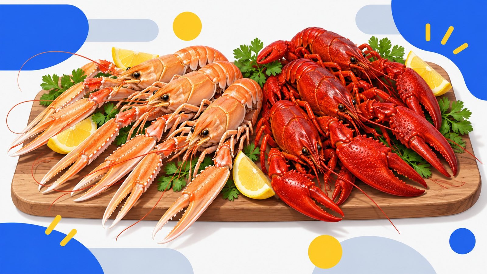Planche avec des langoustines rose orangé aux longues pinces fines d'un côté et des écrevisses cuites rouge vif aux grosses pinces de l'autre