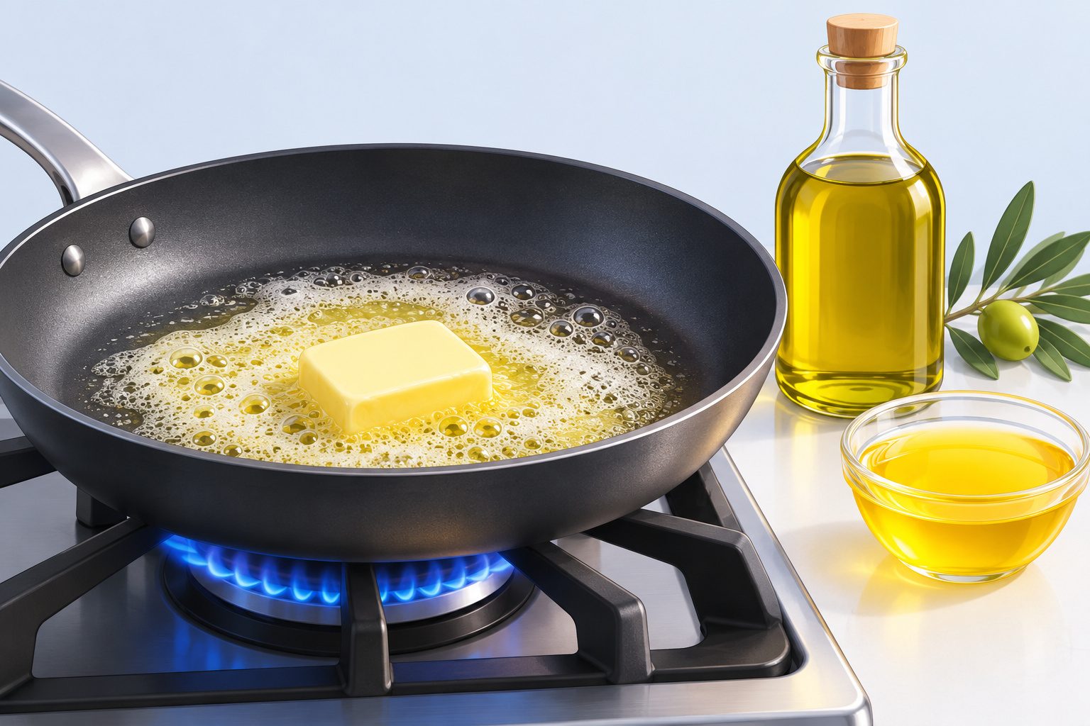 Beurre qui mousse dans une poêle, avec de l'huile d'olive et du beurre clarifié
