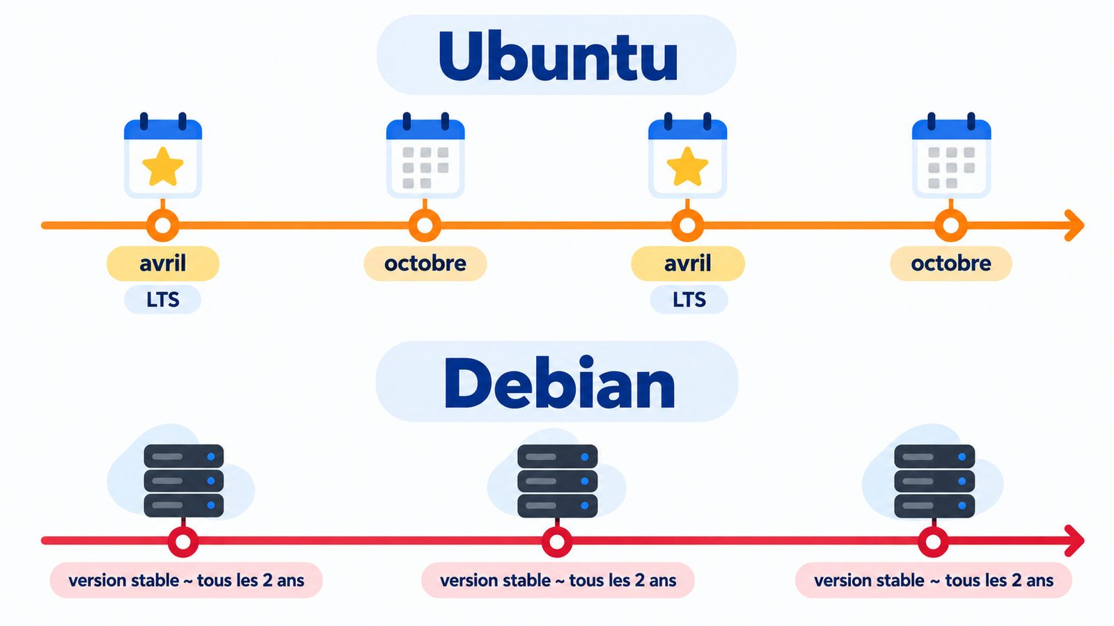 Frise des cycles de versions d'Ubuntu et de Debian