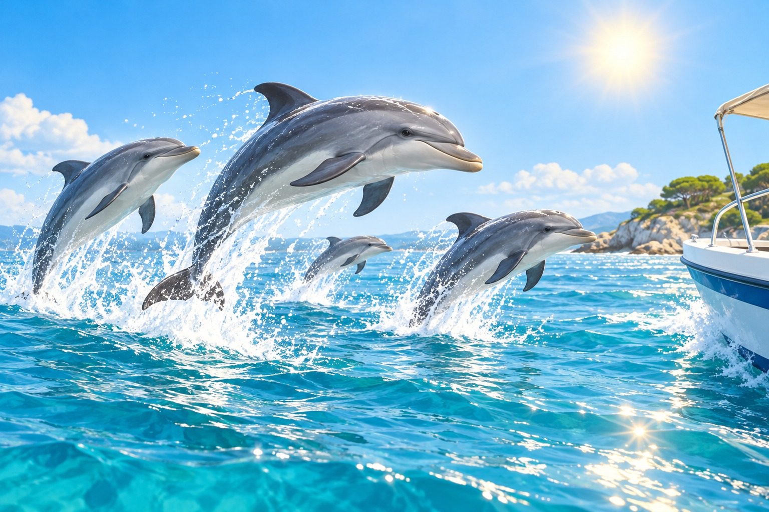 Groupe de dauphins qui sautent hors de l'eau dans une mer turquoise sous le soleil, près d'un bateau