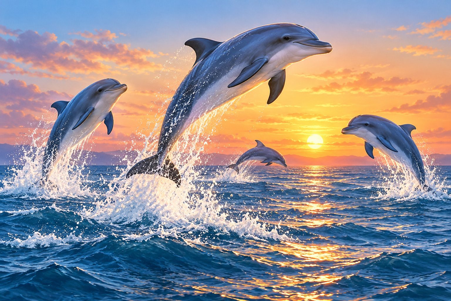 Groupe de dauphins qui sautent hors de l'eau en pleine mer au coucher du soleil