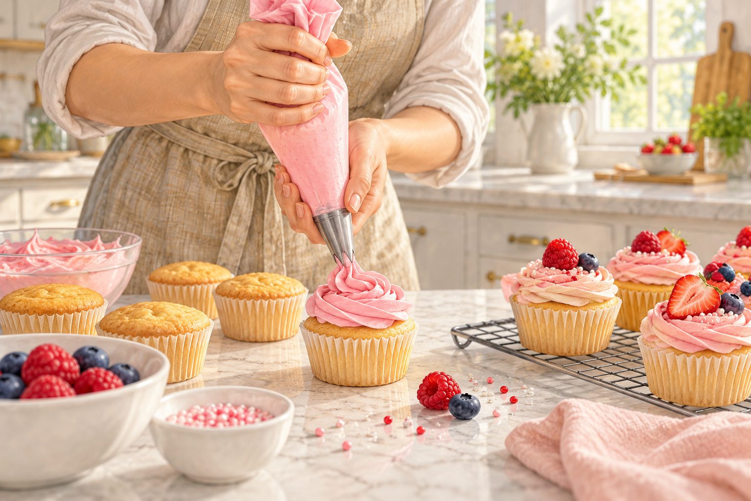 Mains qui décorent des cupcakes avec une poche à douille remplie de crème rose dans une cuisine lumineuse