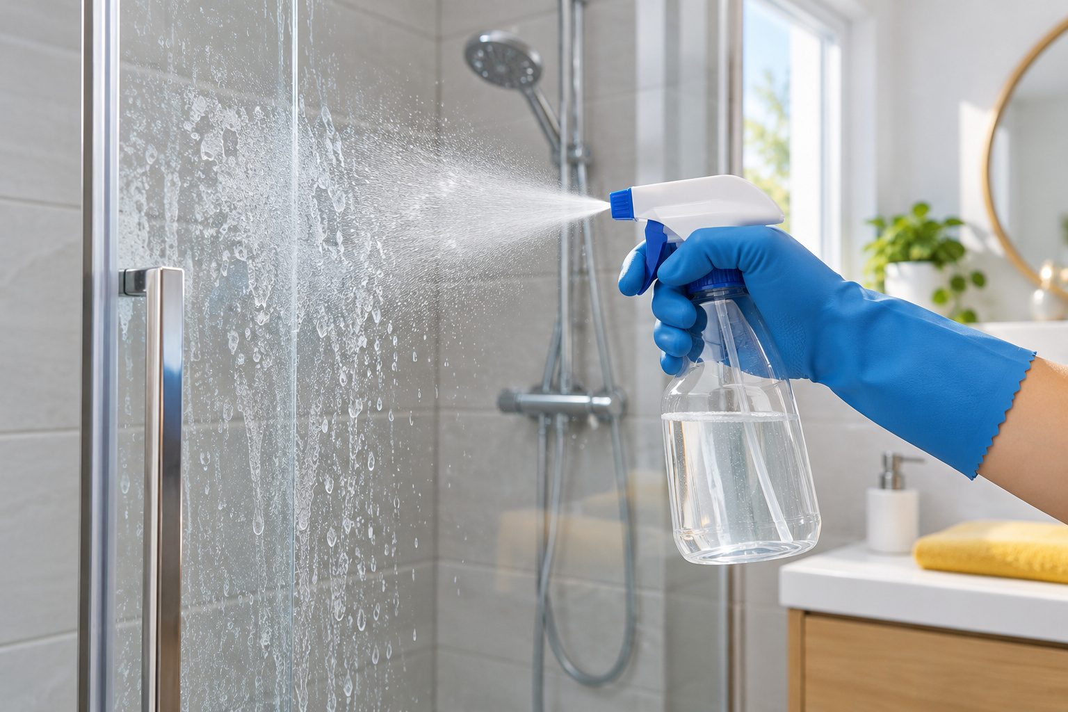 Main qui pulvérise du vinaigre sur une paroi de douche entartrée dans une salle de bains lumineuse